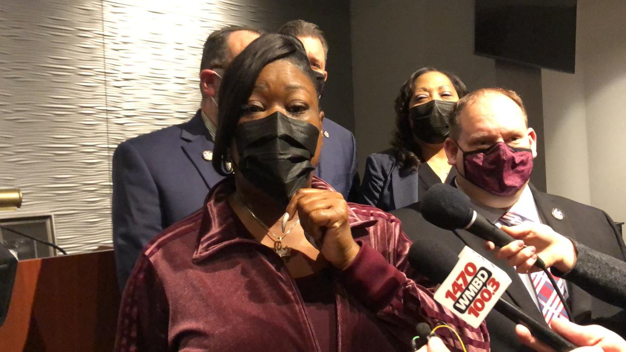 Sybrina Fulton speaks to reporters before the 30th annual MLK Luncheon at the Peoria Civic Center. Fulton's son, Trayvon Martin was shot and killed in 2012 by a former Neighborhood Watch captain. His death and the not guilty verdict for man who shot him sparked protests throughout the United States and led Fulton to become an advocate for criminal justice reform.