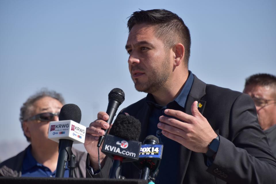 New Mexico District 2 Representative Gabe Vasquez speaks Monday from the Santa Teresa Port of Entry during a press conference to announce a package of five bills related to immigration he plans to introduce.