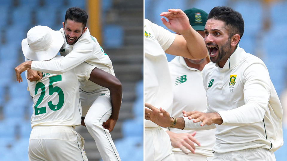 Pictured here, Keshav Maharaj celebrates his hat-trick for South Africa against the West Indies.