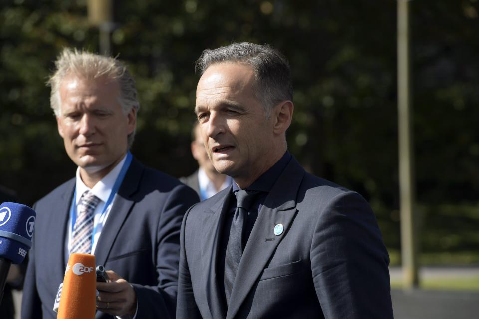 German Foreign Minister Heiko Maas speaking to media when arriving to the Informal Meeting of EU Foreign Ministers in Helsinki, Finland, Thursday Aug. 29, 2019. The topics to be discussed at the meeting include the wider Middle East, the Arctic region, hybrid threats and fires raging in the Amazon rainforest. (Markku Ulander/Lehtikuva via AP)