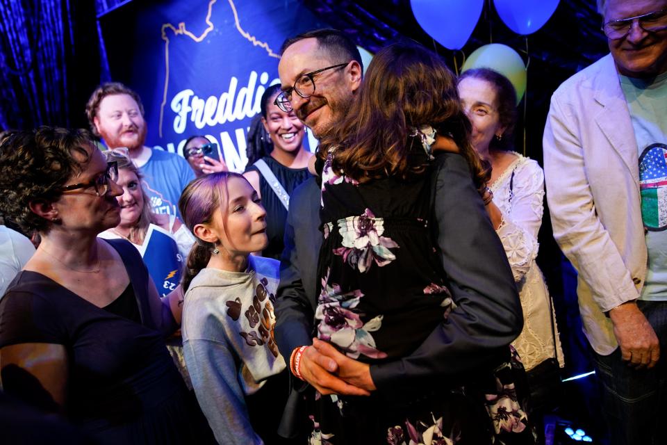 Freddie O'Connell holds his daughter Violet during an election night party on Thursday, Aug. 3, 2023 in Nashville, Tenn.