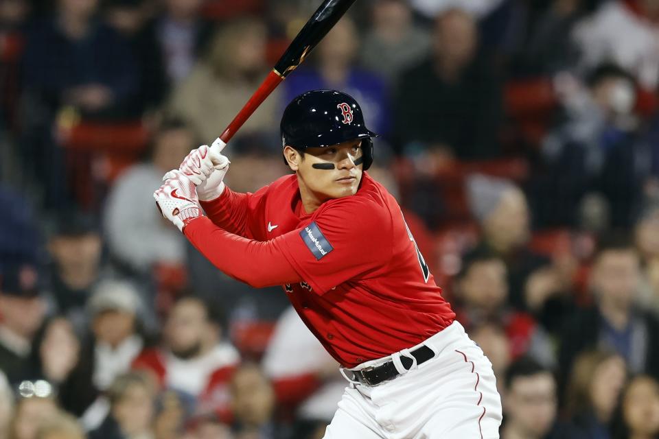 Boston Red Sox's Yu Chang plays against the Minnesota Twins during the second inning of a baseball game, Tuesday, April 18, 2023, in Boston. (AP Photo/Michael Dwyer)
