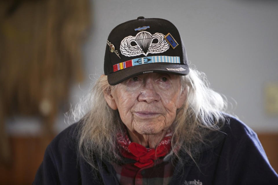 Basil Brave Heart, 88, who attended Red Cloud Indian School when it was known as Holy Rosary Mission, sits for an interview Sept. 30, 2021, in Pine Ridge, S.D. "Physical abuse was difficult. But when they took my language away, they took my moral compass," Brave Heart said. "The language we speak is the way you think, the way you pray and the way you conduct your ceremonies." (AP Photo/Emily Leshner)