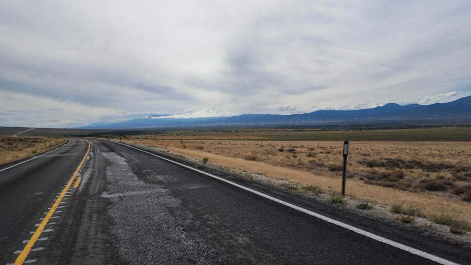 Off in the distance you can see hundreds of white windmills slowly generating electricity.