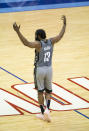 Brooklyn Nets guard James Harden (13) celebrates after an assist during the first half of an NBA basketball game against the Houston Rockets Wednesday, March 3, 2021, in Houston. (Mark Mulligan/Houston Chronicle via AP)