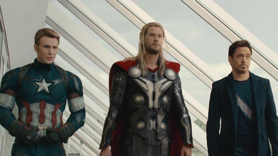 Captain America, Thor and Iron Man walking through Avengers HQ in Age of Ultron