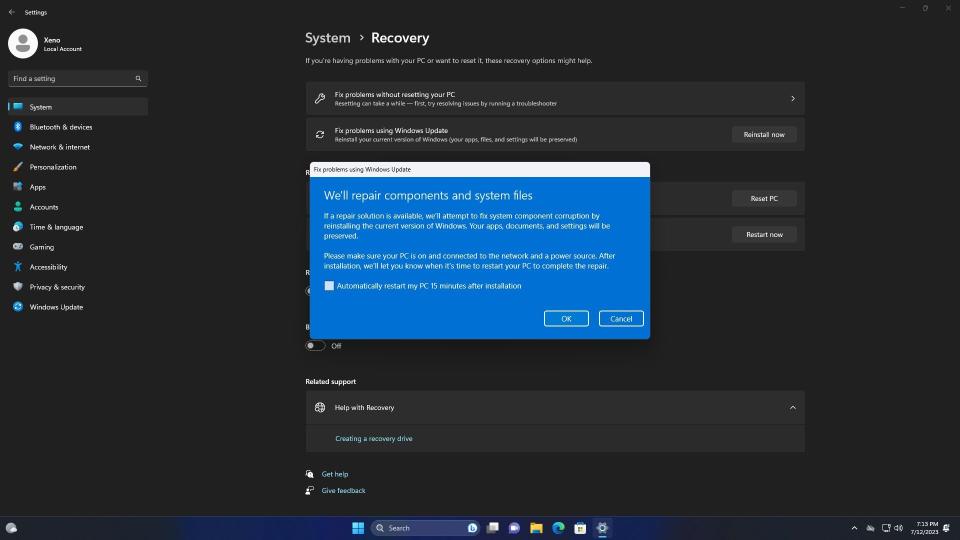 Windows 11 Update repair option in Settings