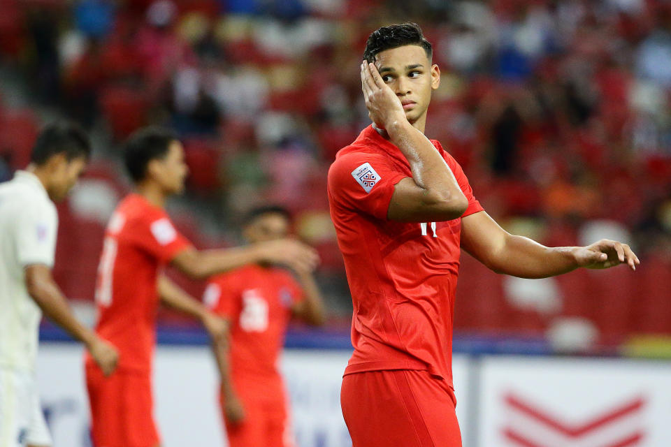 Singapore striker Irfan Fandi reacts after failing to score during the AFF Suzuki Cup 2020 match against Thailand. 