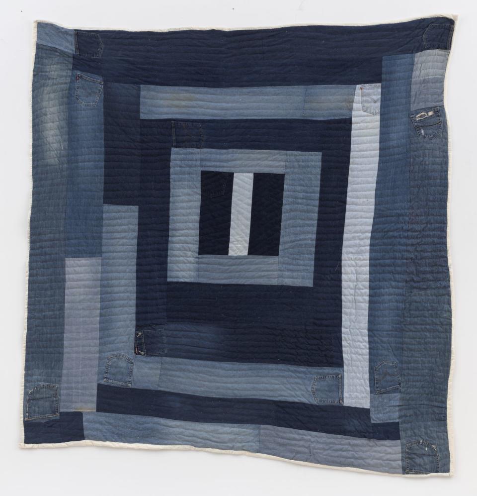 <p>As part of its presentation at Frieze New York this year, Nicelle Beauchene Gallery showcased the work of the <a href="https://www.soulsgrowndeep.org/gees-bend-quiltmakers" rel="nofollow noopener" target="_blank" data-ylk="slk:Gee’s Bend Quiltmakers;elm:context_link;itc:0;sec:content-canvas" class="link ">Gee’s Bend Quiltmakers</a>, a generations-old group of Black women quilters in rural Alabama. Andrea Williams, part of the newer generation of quilt artists, repurposed old denim workwear to make her “Housetop” (a pattern of concentric squares) quilt. And it’s a delight to behold in its patchwork of indigo fabric, with the pockets, rips, and even a Fubu tab left visible.</p>