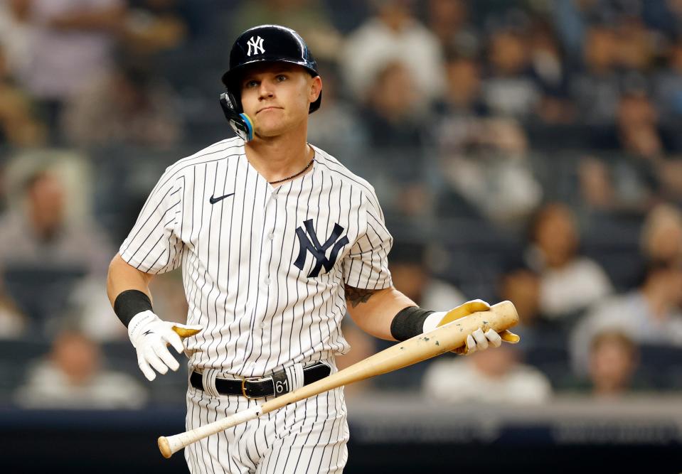 Jake Bauers of the New York Yankees reacts after striking out against the Chicago White Sox at Yankee Stadium on June 6, 2023.