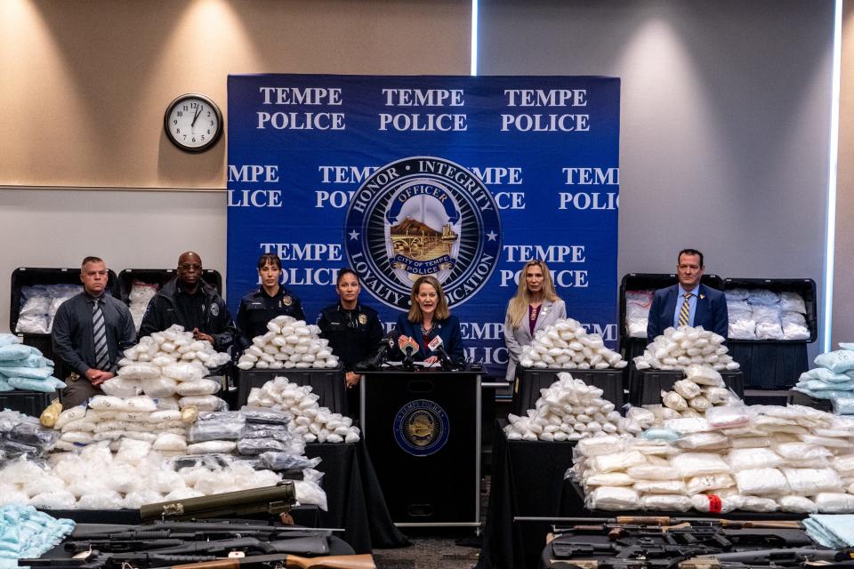 Arizona Attorney General Kris Mayes, center, speaks during a press conference announcing a three-year long investigation targeting the Sinaloa Cartel at the Tempe Police Department Apache Boulevard Substation in Tempe on February 23, 2023.