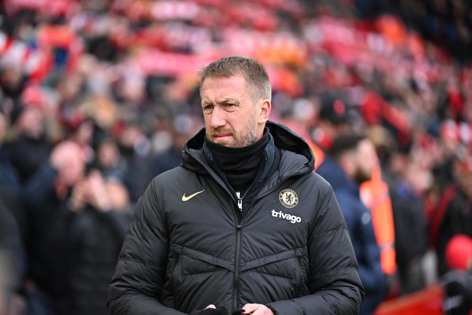 LIVERPOOL, ENGLAND - JANUARY 21: ( THE SUN OUT. THE SUN ON SUNDAY OUT )  Chelsea manager  Graham Potter   during the Premier League match between Liverpool FC and Chelsea FC at Anfield on January 21, 2023 in Liverpool, England. (Photo by Andrew Powell/Liverpool FC via Getty Images)