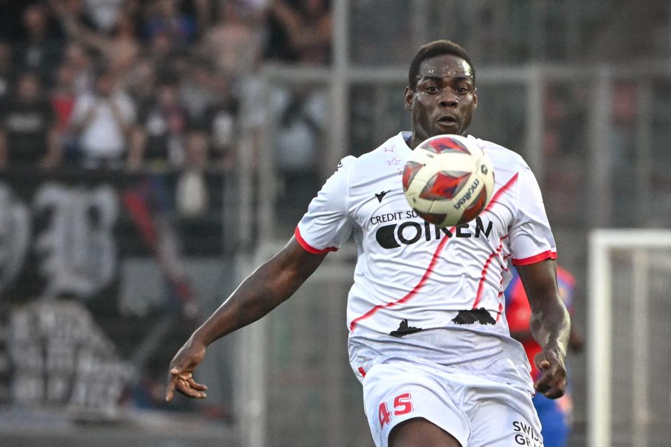 FC Sion's Italian forward Mario Balotelli controls the ball during the Swiss super league football match FC Sion against FC Basel at the Tourbillon stadium in Sion, on September 3, 2022. - Balotelli signed on August 31, 2022 a two-year contract with Swiss side FC Sion, the 11th club of his career. (Photo by Fabrice COFFRINI / AFP) (Photo by FABRICE COFFRINI/AFP via Getty Images)