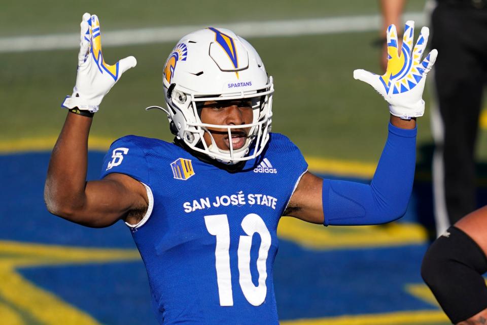 San Jose State wide receiver Tre Walker celebrates after scoring a first-half touchdown against Boise State in the Mountain West championship game, Saturday, Dec. 19, 2020, in Las Vegas.