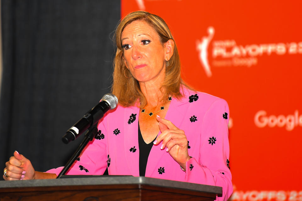 UNCASVILLE, CT - SEPTEMBER 17: WNBA Commissioner Cathy Engelbert speaks with the media before Game 2 of the First Round of the WNBA Playoffs between the Minnesota Lynx and the Connecticut Sun on September 17, 2023, at Mohegan Sun Arena in Uncasville, CT. (Photo by Erica Denhoff/Icon Sportswire via Getty Images)