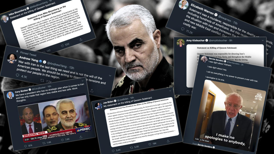 Revolutionary Guard Gen. Qassem Soleimani and tweets from Democratic presidential candidates. (Photo illustration: Yahoo News; photo: Office of the Iranian Supreme Leader via AP)