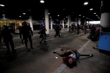 Protesters demonstrate at the airport, after a verdict in a trial over a banned independence referendum, in Barcelona