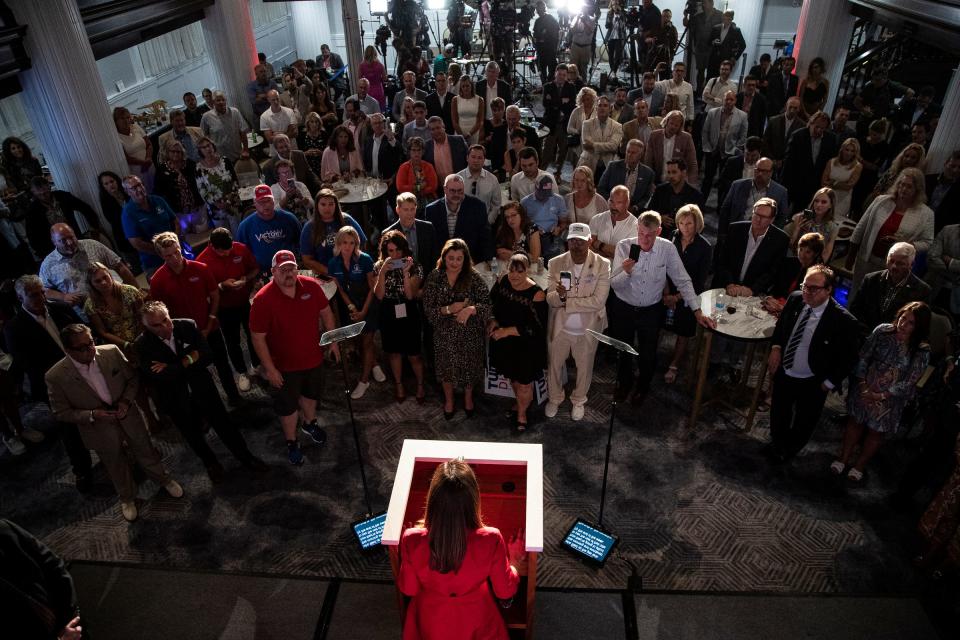 Tudor Dixon makes a victory speech after winning the Republican Party nomination for governor at the Amway Grand Plaza Hotel in downtown Grand Rapids on August 2, 2022.