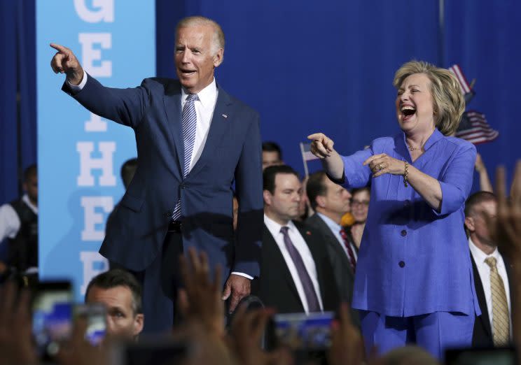 Democratic presidential candidate Hillary Clinton and Vice President Joe Biden at a campaign rally in Scranton, Pa. (Photo: Mel Evans/AP)