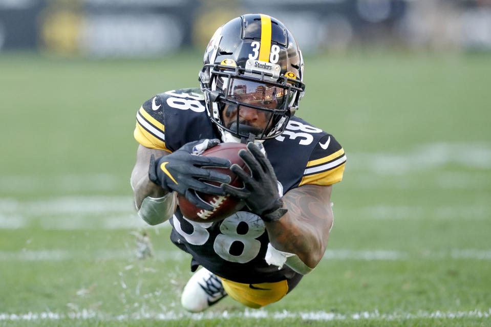 Pittsburgh Steelers running back Jaylen Samuels (38) stretches for yardage against the Indianapolis Colts in the second half of an NFL football game , Sunday, Nov. 3, 2019, in Pittsburgh. (AP Photo/Don Wright)