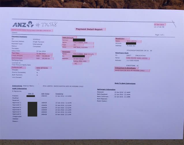 The document revealing the $69,000 total plaid by the Nine Network to the recovery agency. Photo: Supplied