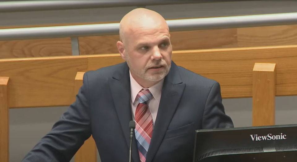 Jarrod Edens speaks at a Durham City Council meeting on May 15, 2023. City of Durham livestream