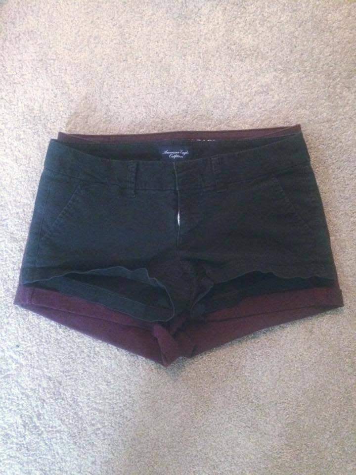 The black shorts are a size 4 , the maroon shorts are a 10. (Photo: Missy Rogers/Facebook)