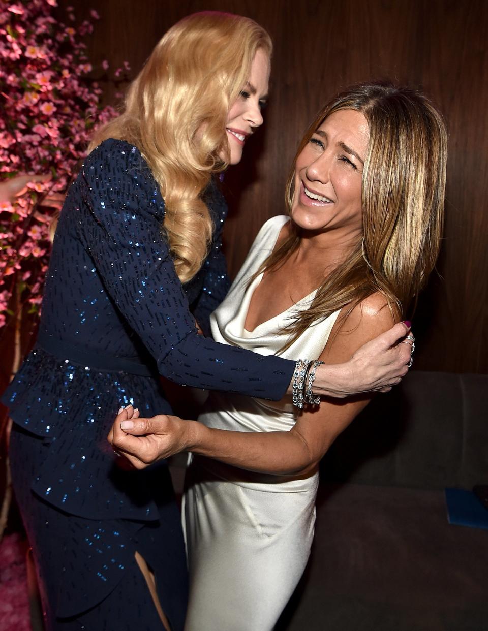 As much as we love this adorable moment between Nicole Kidman and Jennifer Aniston, it pales in comparison to <a href="https://people.com/awards/sag-awards-2020-every-photo-of-jennifer-aniston-and-brad-pitt-together-at-the-awards/" rel="nofollow noopener" target="_blank" data-ylk="slk:Jen's other buzzy hug of the evening;elm:context_link;itc:0;sec:content-canvas" class="link ">Jen's other buzzy hug of the evening</a>.