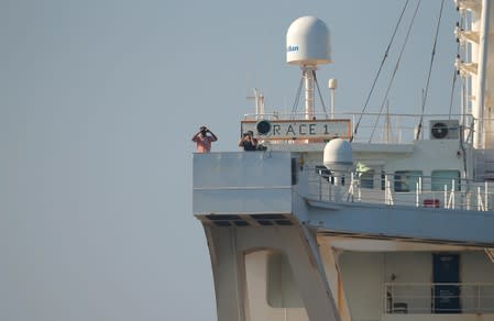 Iranian oil tanker Grace 1 sits anchored after it was seized in July by British Royal Marines off the coast of the British Mediterranean territory, in the Strait of Gibraltar