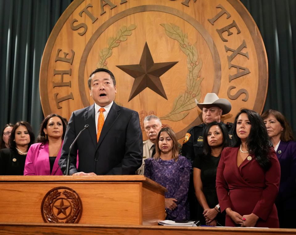 Rep. Gene Wu, D - Houston, speaks against border bills at a news conference with members of the Mexican American Legislative Caucus at the Capitol on Wednesday October 25, 2023.
