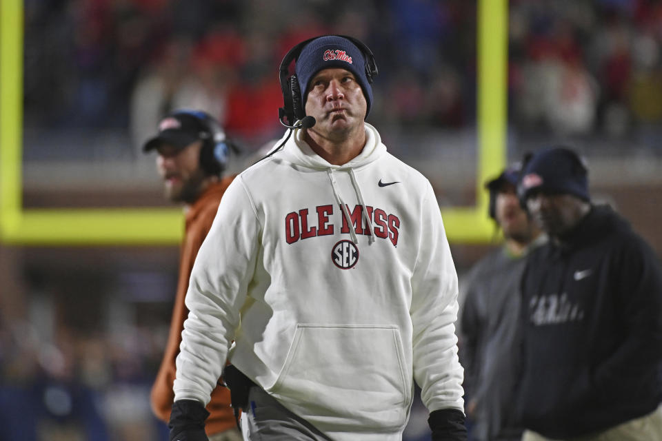 Mississippi head coach Lane Kiffin reacts during the second half of an NCAA college football game against Alabama in Oxford, Miss., Saturday, Nov. 12, 2022. Alabama won 30-24. (AP Photo/Thomas Graning)