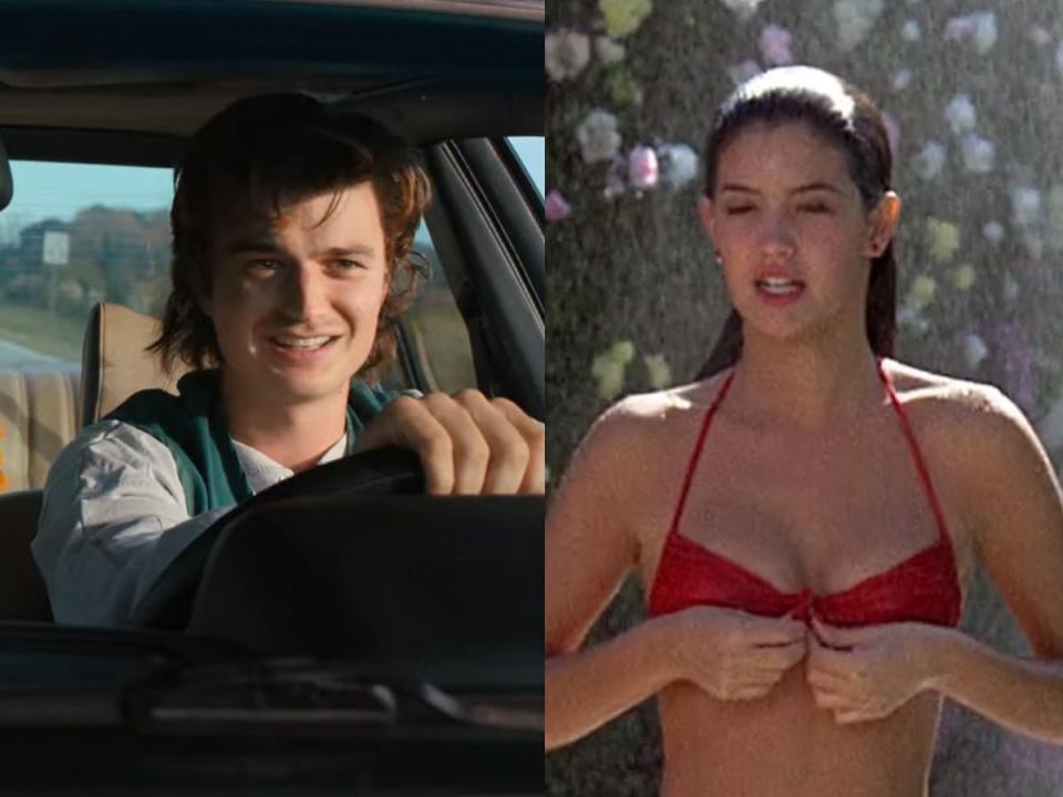 A side by side showing a teenage boy driving and an image from the movie "Fast Times at Ridgemont High," where a girl is about to take her top off.