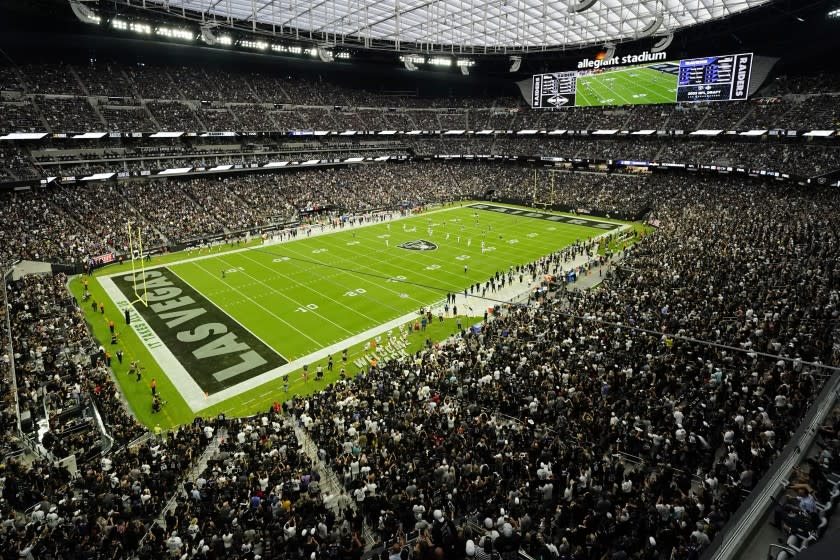 Las Vegas Raiders play the Baltimore Ravens during the first half of an NFL football game, Monday, Sept. 13, 2021, in Las Vegas. (AP Photo/Rick Scuteri)