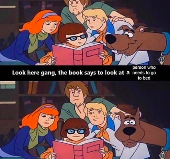 Screen grab from Scooby Doo TV show, where the gang is looking in a book. Text reads: &quot;Look here gang, the book says to look at a person who needs to go to bed&quot; with a second image of the Scooby Doo gang looking out at the viewer.