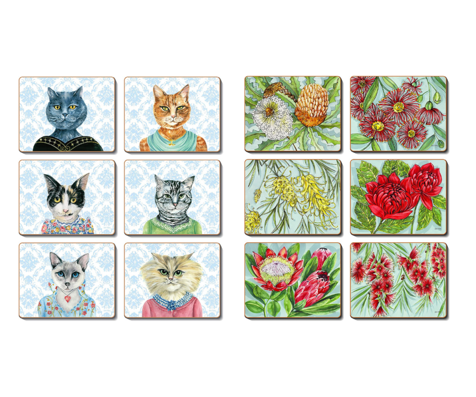 Cinnamon Lady Cat Luncheon Drink Coasters and Bush Blooms Drink Coasters