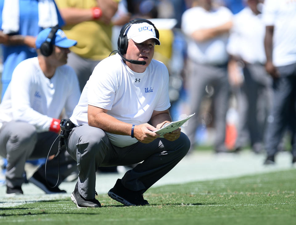 UCLA Bruins head coach Chip Kelly watches game action against the San Diego State Aztecs during the first half at the Rose Bowl. (USAT)