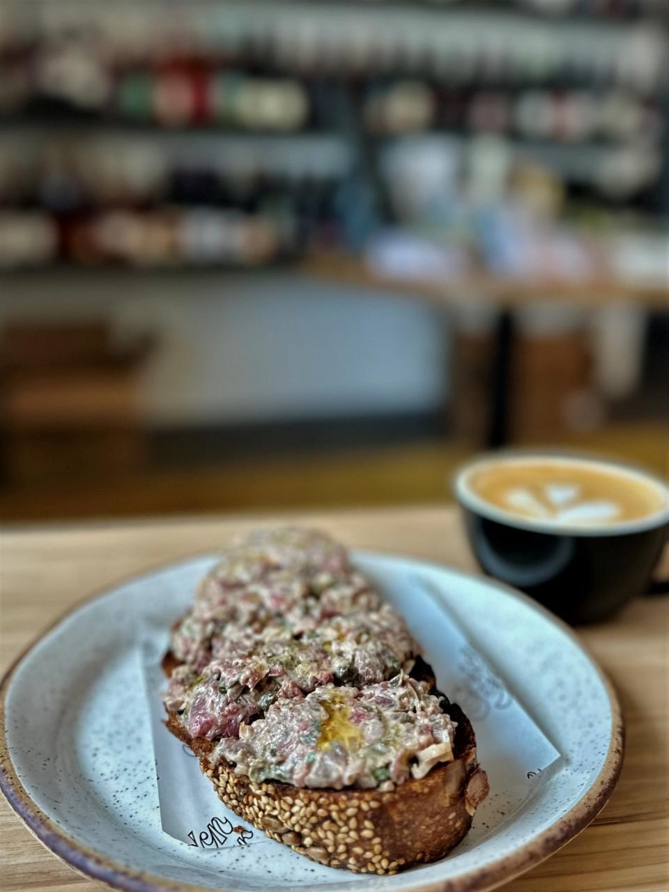 Beef tartare at Golden Hour is served on a seeded sourdough from Sour Duck Market.