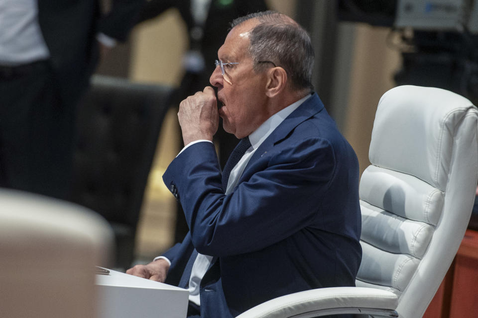 Russia's Foreign Minister Sergei Lavrov gestures, during a plenary session of the 2023 BRICS Summit, in Johannesburg, South Africa, Wednesday, Aug. 23, 2023. (Alet Pretorius/Pool Photo via AP)