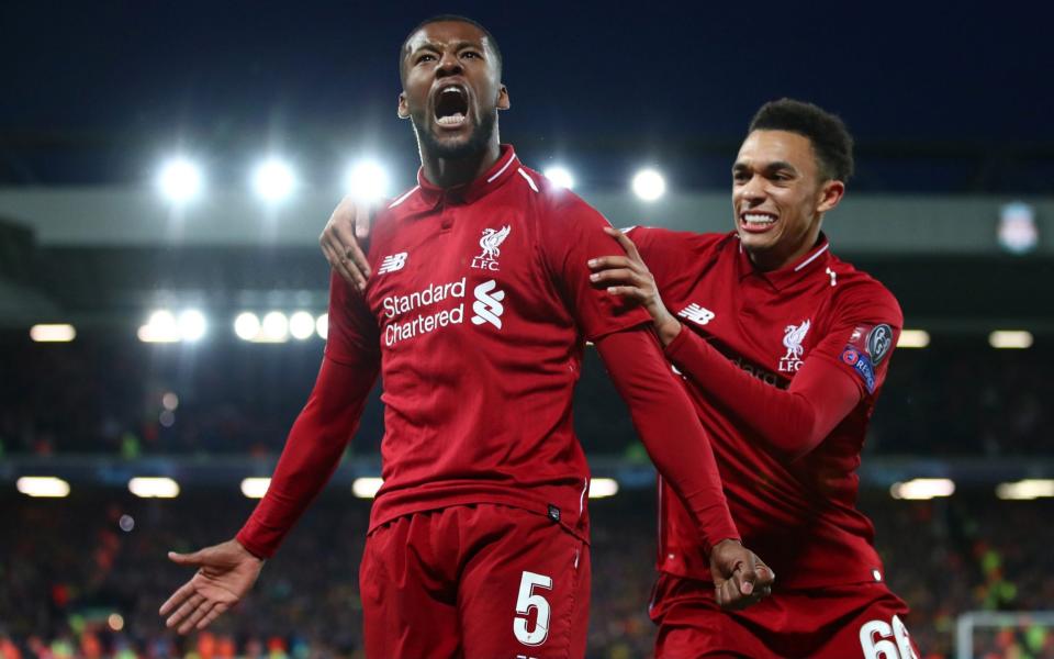 Georginio Wijnaldum of Liverpool celebrates after scoring his team's third goal during the UEFA Champions League Semi Final second leg match between Liverpool and Barcelona at Anfield on May 07, 2019 in Liverpool, England - Getty Images Europe /Clive Brunskill 