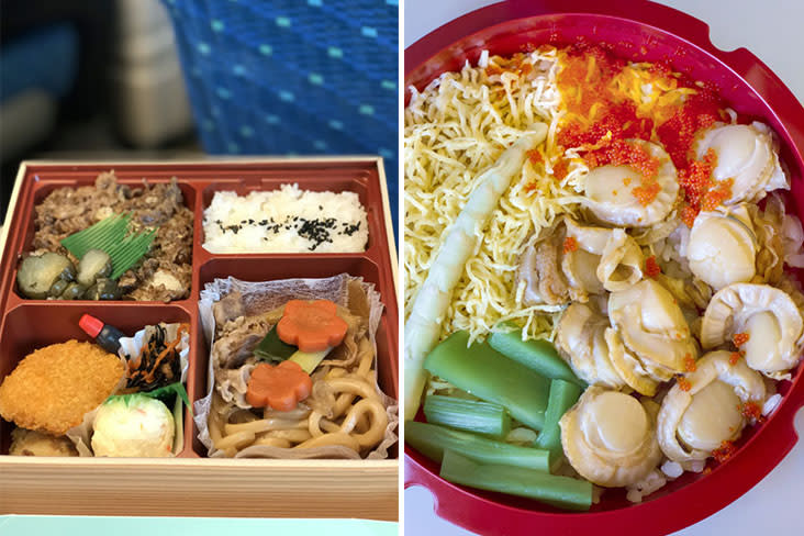 The “mixed” 'ekiben' (train bento) is popular as you can try a bit of everything (left). Hokkaido is famous for their seafood-based 'ekiben', such as this 'hotate-ekiben' full of plump scallops (right)