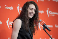 New York Liberty forward Breanna Stewart smiles while speaking to reporters during a news conference Tuesday, Sept. 26, 2023, at Barclays Center in New York. Stewart was named the league's MVP on Tuesday. (AP Photo/Mary Altaffer)