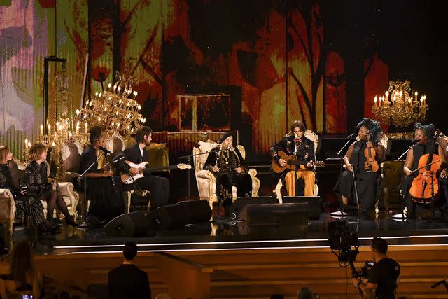 <p>JC Olivera/WireImage</p> Joni Mitchell and Brandi Carlile perform onstage during the 66th GRAMMY Awards at Crypto.com Arena on February 4, 2024 in Los Angeles, California.