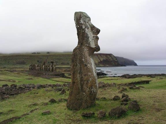 Chemical analyses of teeth from 41 human skeletons excavated on Easter Island revealed the inhabitants ate rats rather than seafood; Here, Moai statues at Ahu Tongariki on the south-eastern part of the island, where 26 of the skeletons were fou