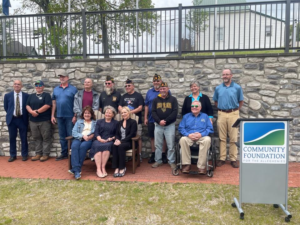 Rockwood residents and representatives of the Community Foundation for the Alleghenies gather for a group photo in the new Rockwood Veterans Memorial and Community Park. Seated on the bench in the front row are, left to right: Julie Cramer, Lladel Lichty, the foundation's Somerset County director and Kathy Brant. In the back row are, left to right: Mike Kane, the foundation's executive director; Sam Bartko, vice president of Rockwood Borough council; Jon Wahl, Dale Romesberg, Lee Sarver, Larry Mazer, Daniel Brant, Joe Dupont, Jim Marker, Jill Luster and Michael Lear of Somerset Planning and Engineering.
