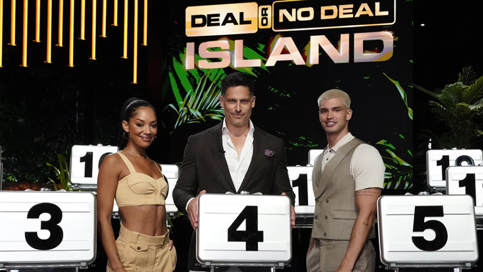 DEAL OR NO DEAL ISLAND -- “Are You a Gambler?” Episode 101 -- Pictured: (l-r) Kamari Love, Joe Manganiello, Ben Crofchick -- (Photo by: Monty Brinton/NBC)