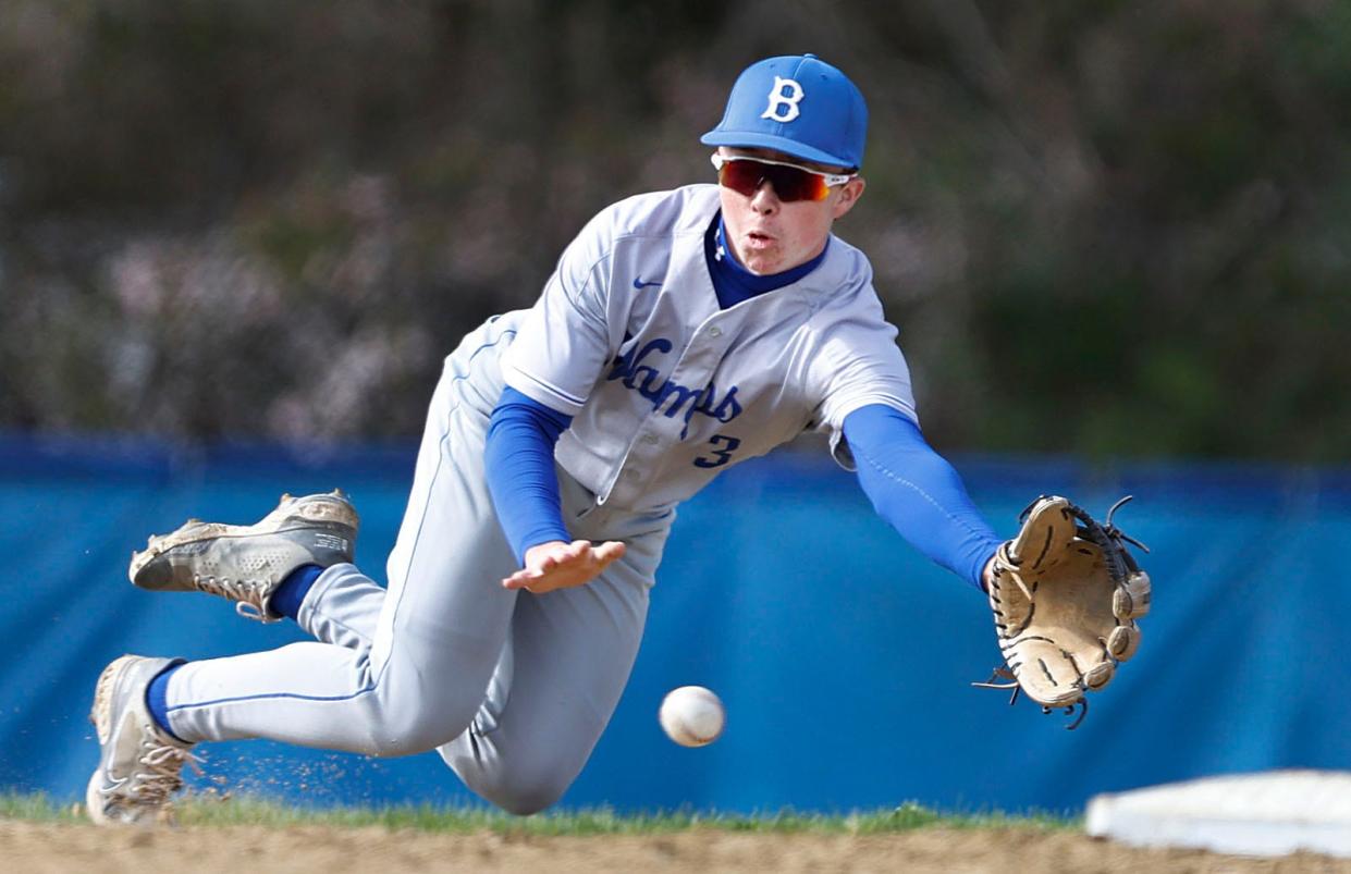 Braintree shortstop Peter Brooks makes a dive for a hard hit ball near second base.

The Braintree High Wamps hosted the Framingham Flyers in baseball on Wednesday May 1, 2024