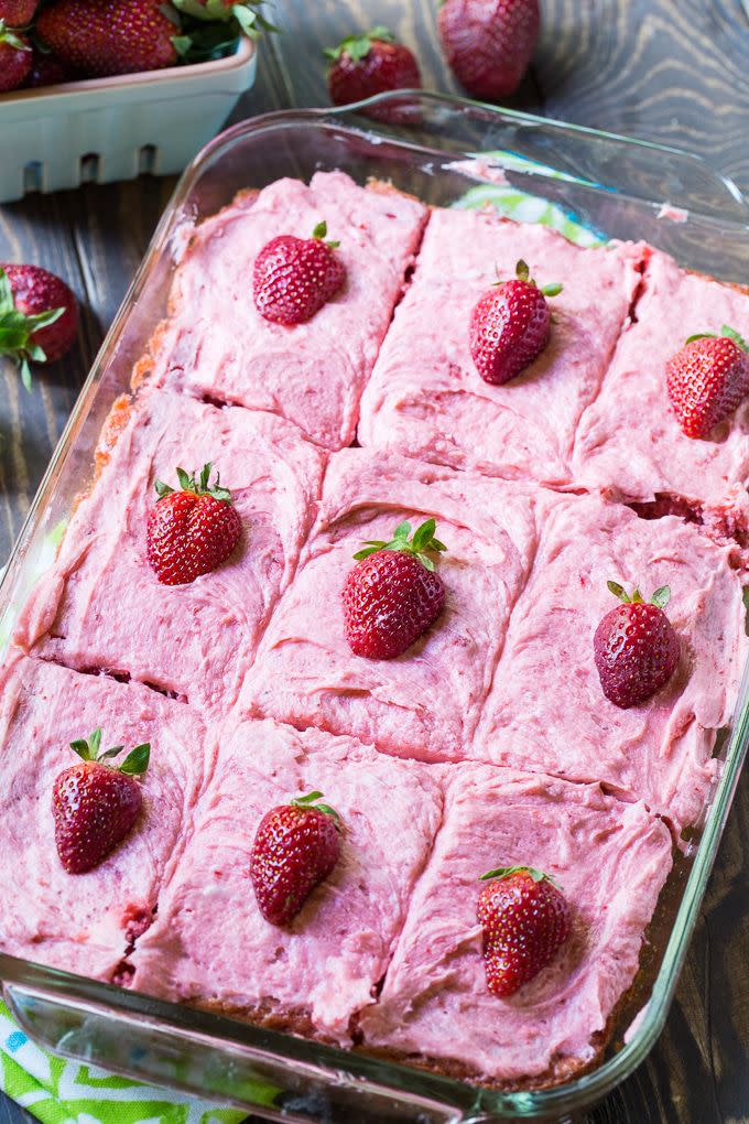 <p>The easiest way to make cake for a crowd.</p><p>Get the recipe from <a rel="nofollow noopener" href="https://spicysouthernkitchen.com/strawberry-sheet-cake/" target="_blank" data-ylk="slk:Spicy Southern Kitchen;elm:context_link;itc:0;sec:content-canvas" class="link ">Spicy Southern Kitchen</a>.</p>