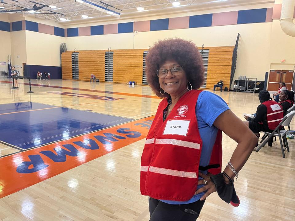 Tona Williams, who works at the Acreage Branch Library, was one of several Palm Beach County employees who manned the shelter at Palm Beach Gardens High School during Hurricane Milton on Wednesday, Oct. 9, 2024.