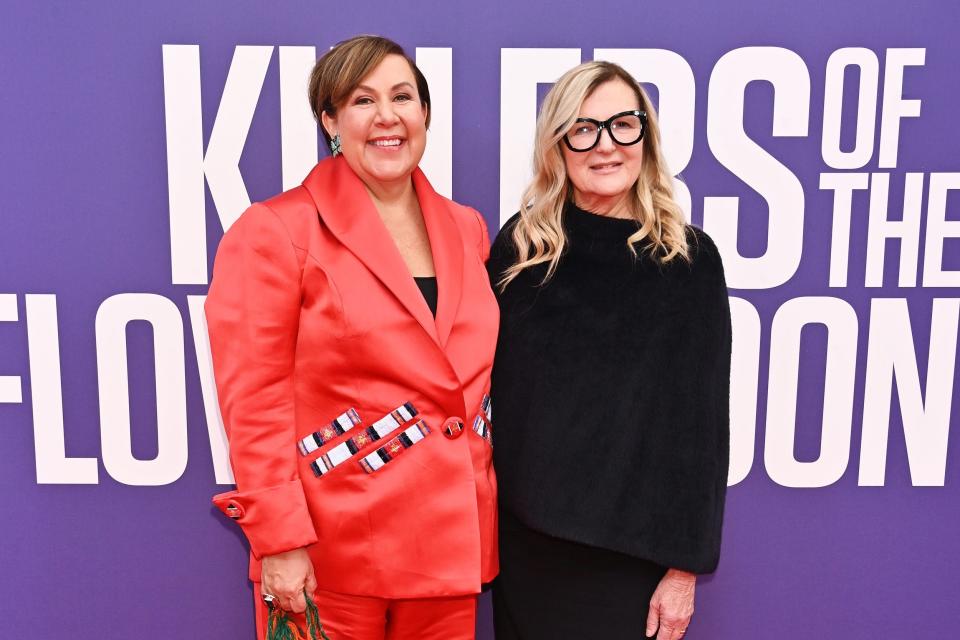 Osage costume consultant Julie O'Keefe, left, and costume designer Jacqueline West attend the 67th BFI London Film Festival Headline Gala red carpet premiere of "Killers of the Flower Moon" on Oct. 7 at Royal Festival Hall in London, England.