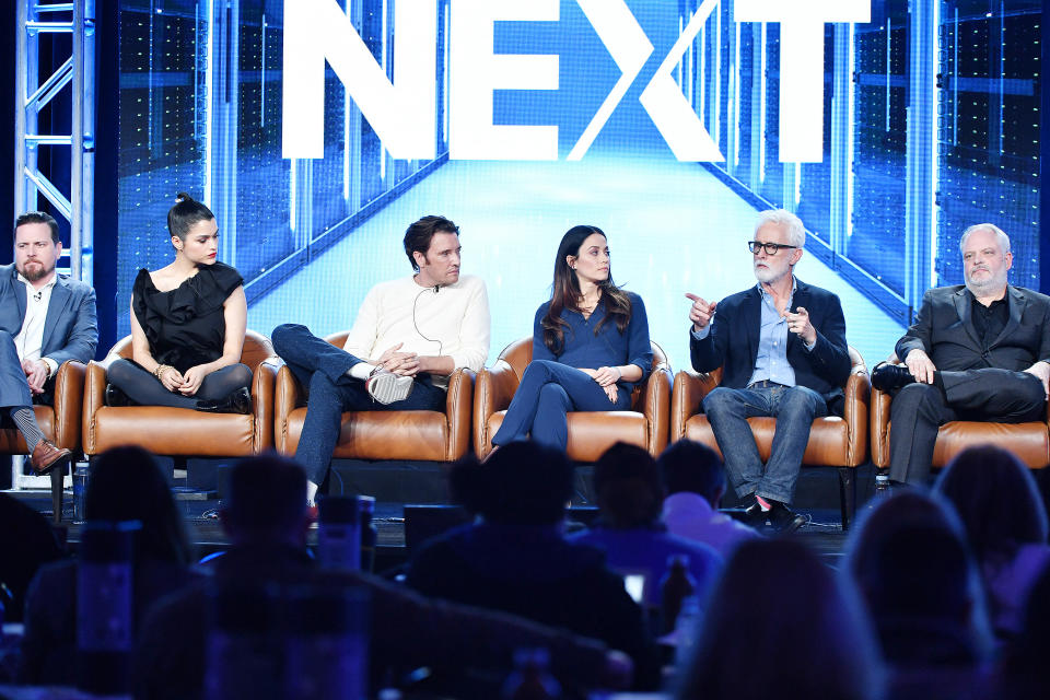 PASADENA, CALIFORNIA - JANUARY 07: (L-R) Michael Mosley, Eve Marlow, Jason Butler Harner, Fernanda Andrade, John Slattery and Manny Coto of 'Next' speak during the Fox segment of the 2020 Winter TCA Press Tour at The Langham Huntington, Pasadena on January 07, 2020 in Pasadena, California. (Photo by Amy Sussman/Getty Images)